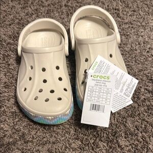 Crocs womens Beige Clogswith gray and teal design